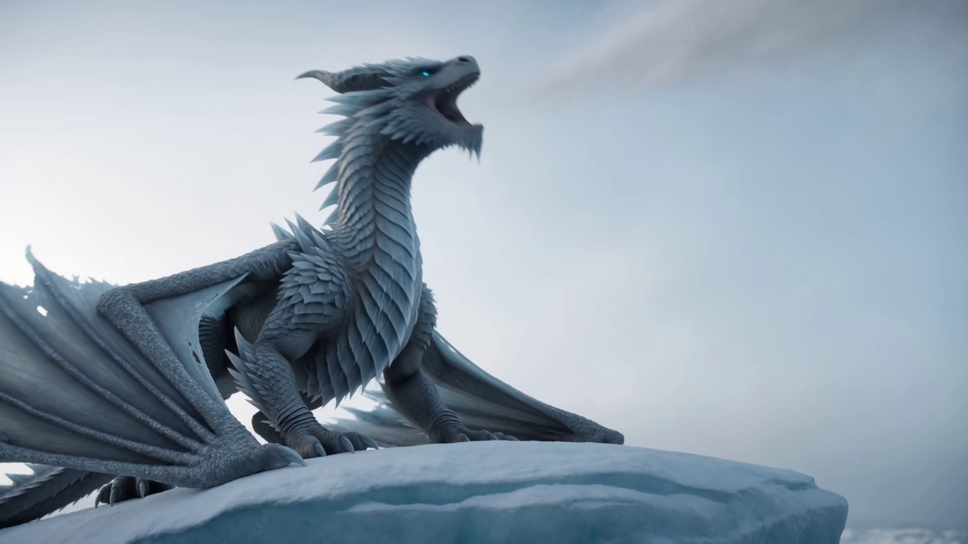 Frame aus dem finalen Video — der Drache atmet eisige Kälte auf dem Grat