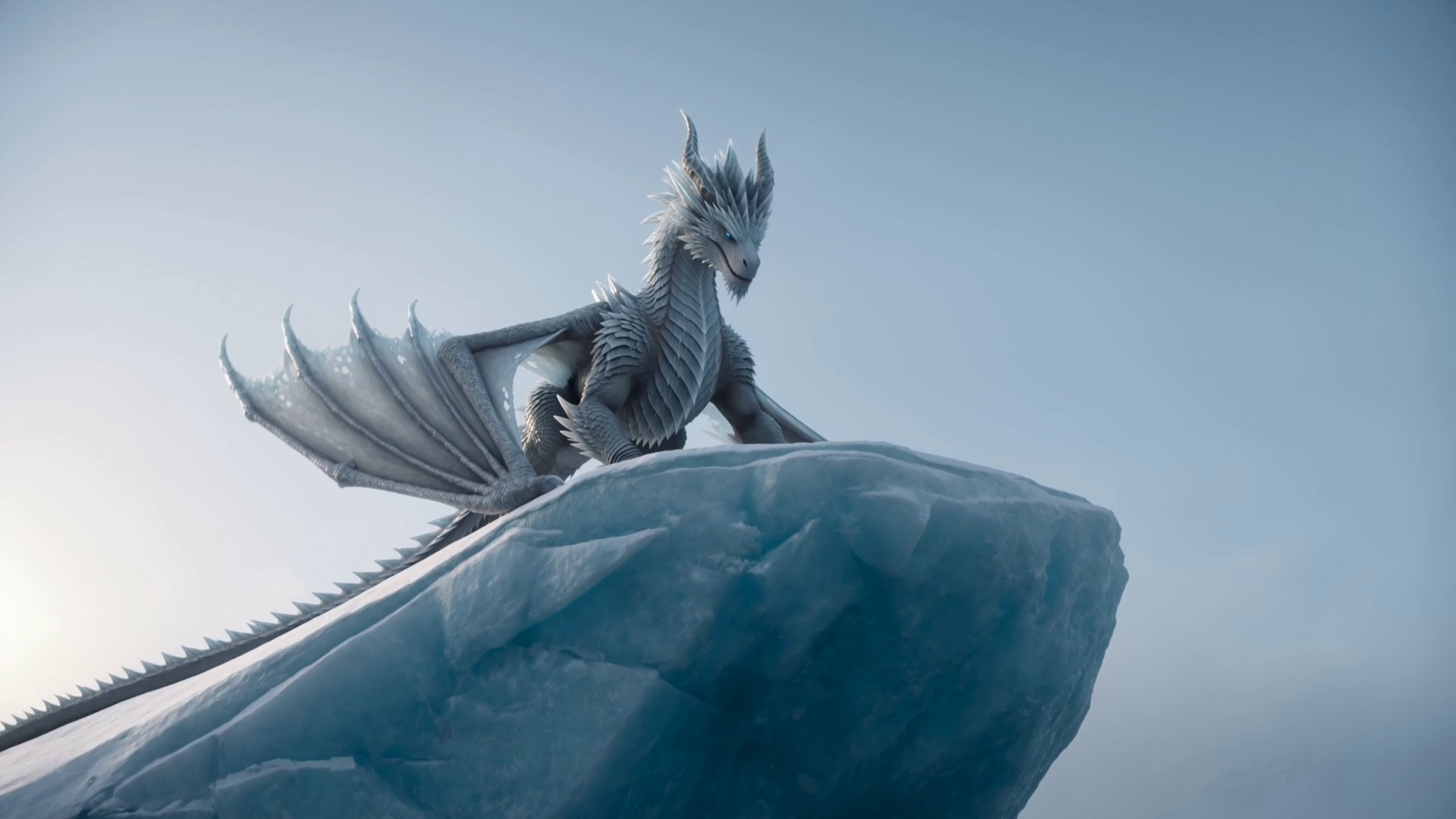 Frame aus dem finalen Video — der Drache auf dem Eisgrat