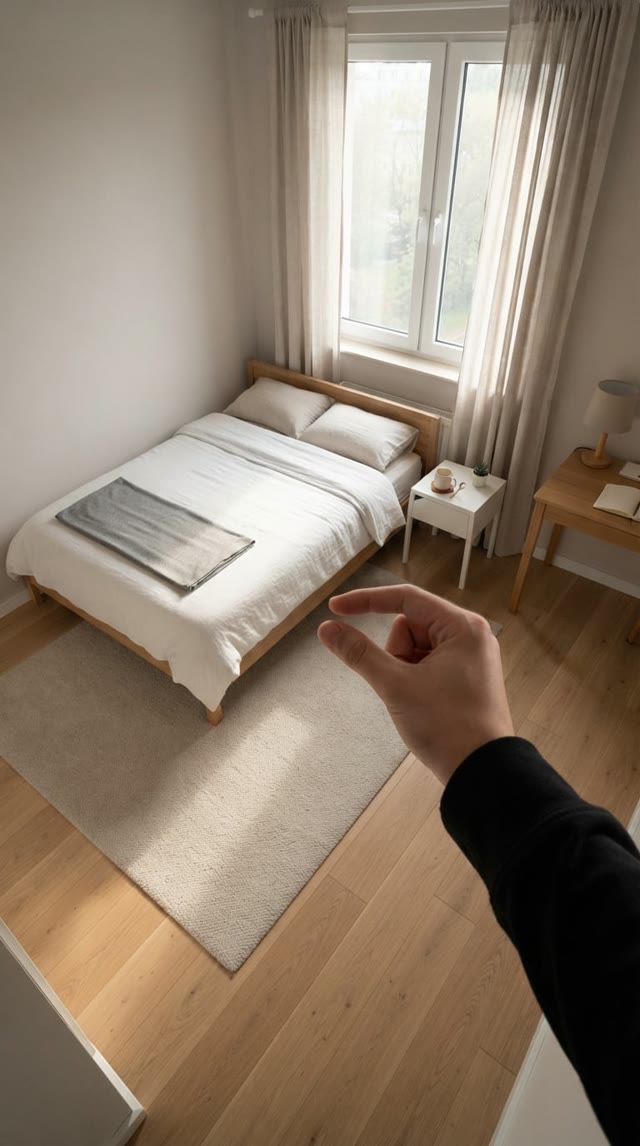 Referenz – minimalistisches Schlafzimmer von oben mit der Hand aus der Ich-Perspektive